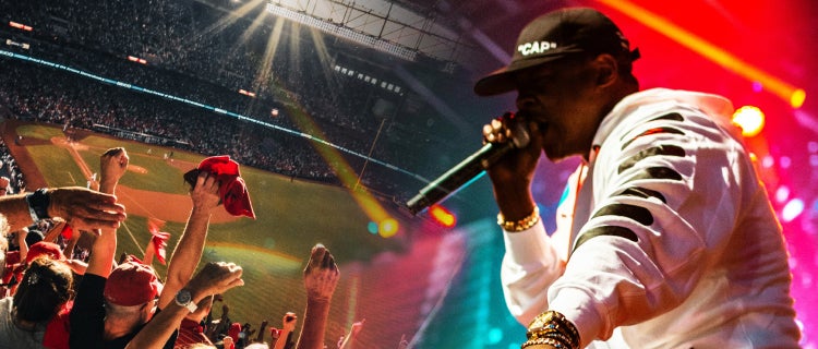 A vibrant split-scene image showing a cheering crowd at a baseball stadium on the left and a hip-hop performer rapping on stage under colorful lights on the right