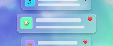 Clean white overlay showing multiple favorite cards, each with an image, description lines, and a red heart icon